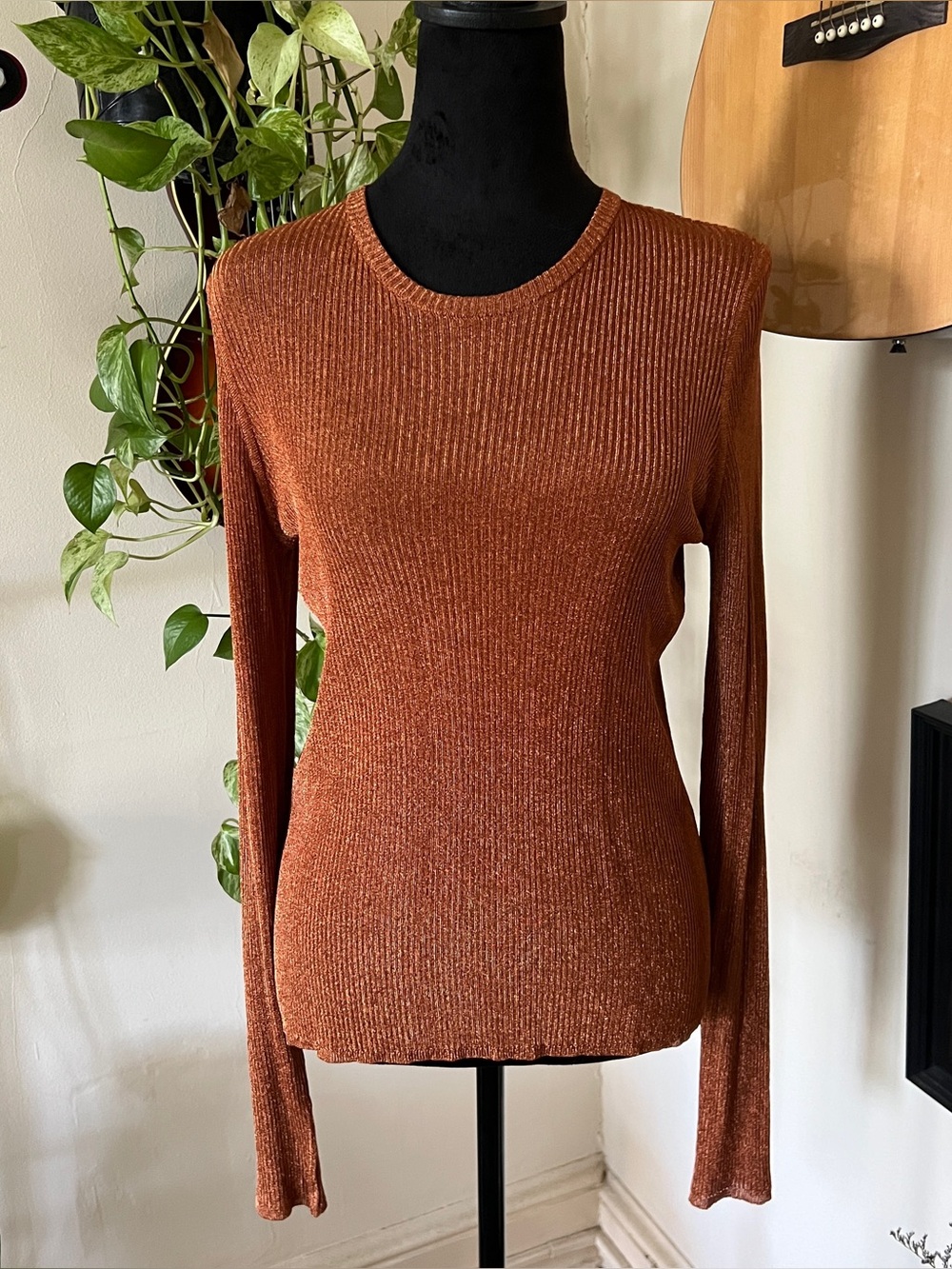 Hugo Boss Burnt Orange Ribbed Metallic Sweater Size XL